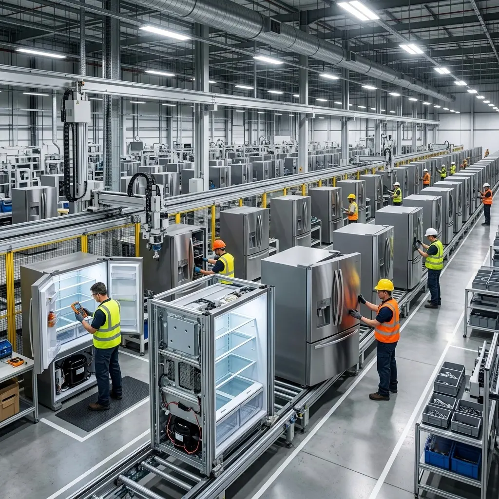 Large American appliance manufacturing facility interior representing GE and Maytag refrigerator production heritage. ge vs maytag refrigerator comparison guide