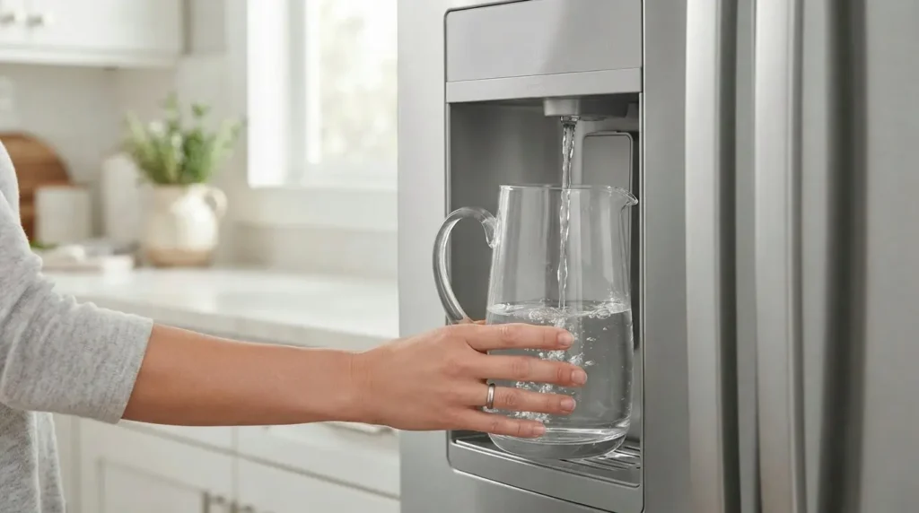 Person placing a glass pitcher under a refrigerator water dispenser with water flowing automatically