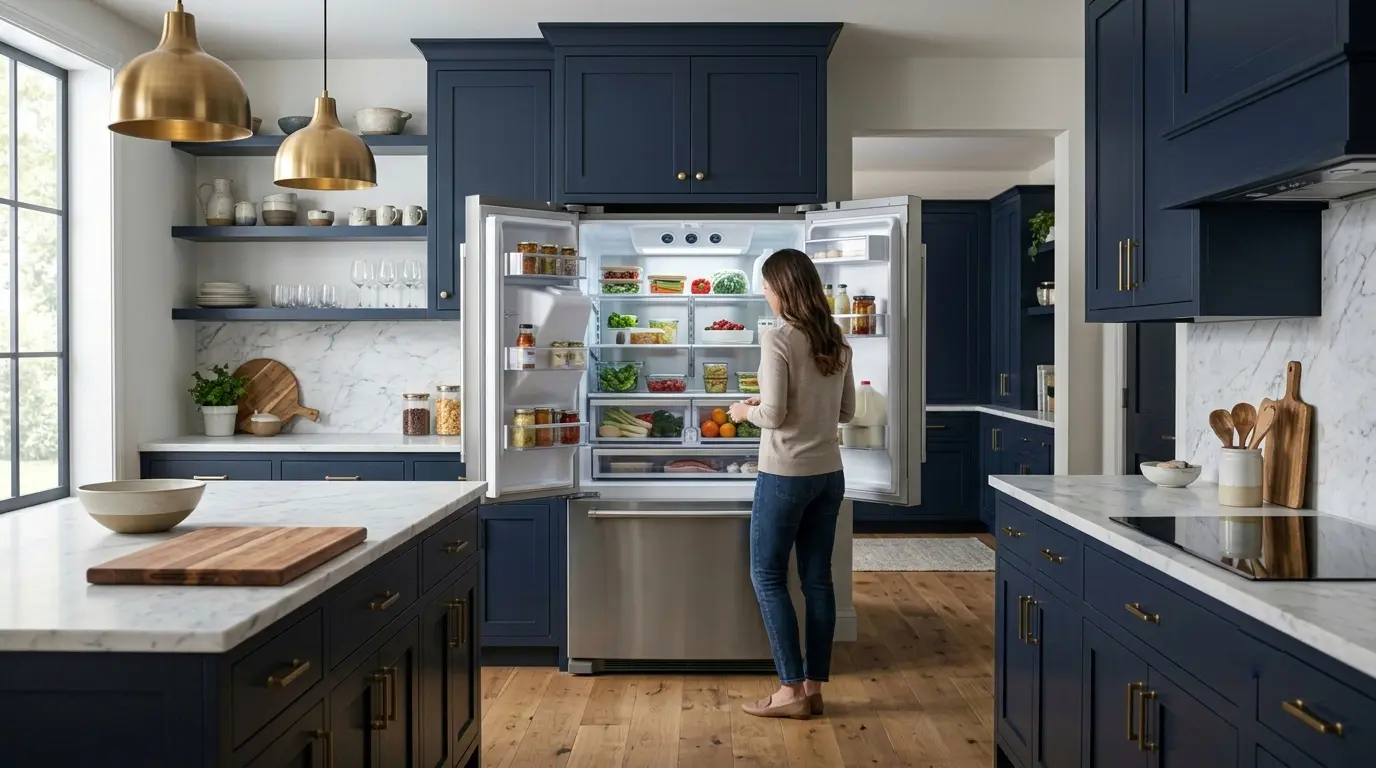 GE Profile style smart French door refrigerator with internal camera system visible in a premium modern kitchen