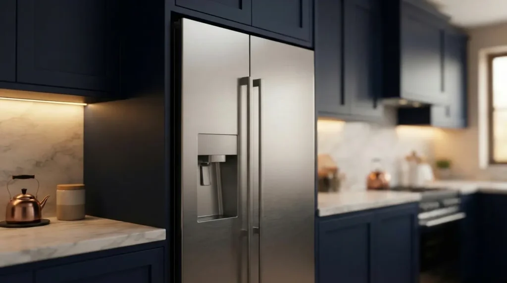 Premium stainless steel side-by-side refrigerator in a modern kitchen with dark navy cabinets and marble countertop. GE vs. Whirlpool Side-by-Side Refrigerators guide