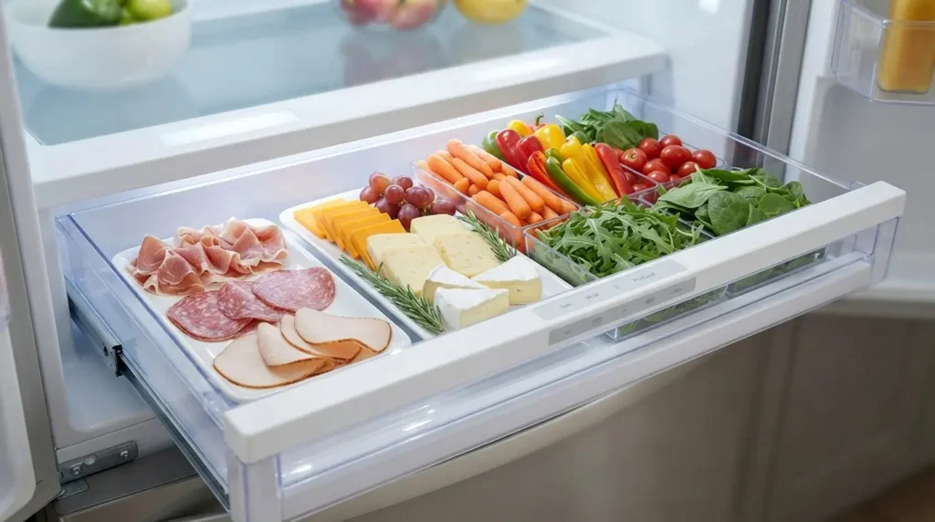 Open refrigerator temperature-controlled drawer with neatly arranged deli meats cheeses and fresh produce
