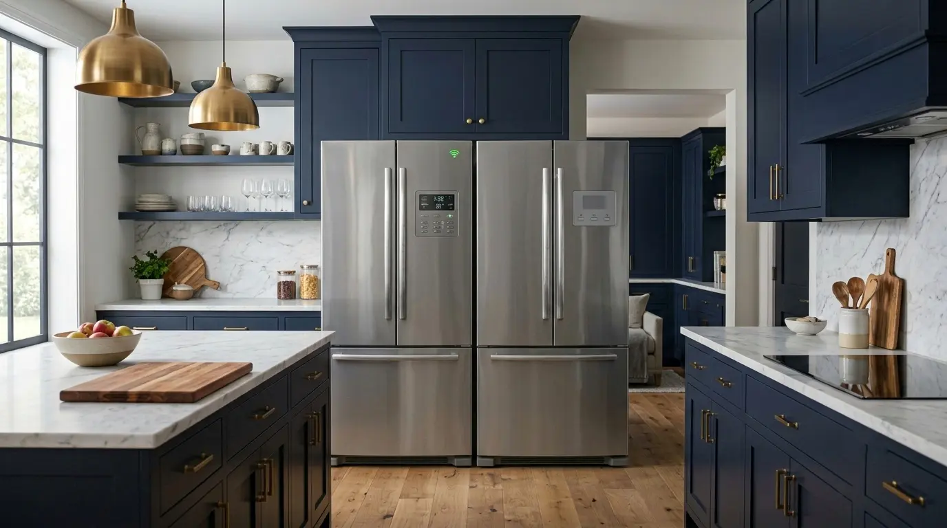 Side by side comparison of two stainless steel refrigerators representing GE and Maytag brands in a modern kitchen
