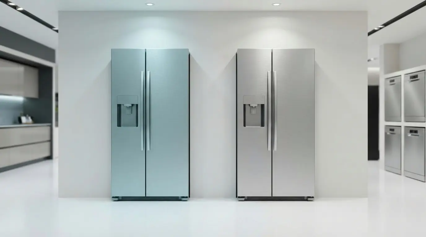 Two stainless steel side-by-side refrigerators displayed side by side in a bright appliance showroom