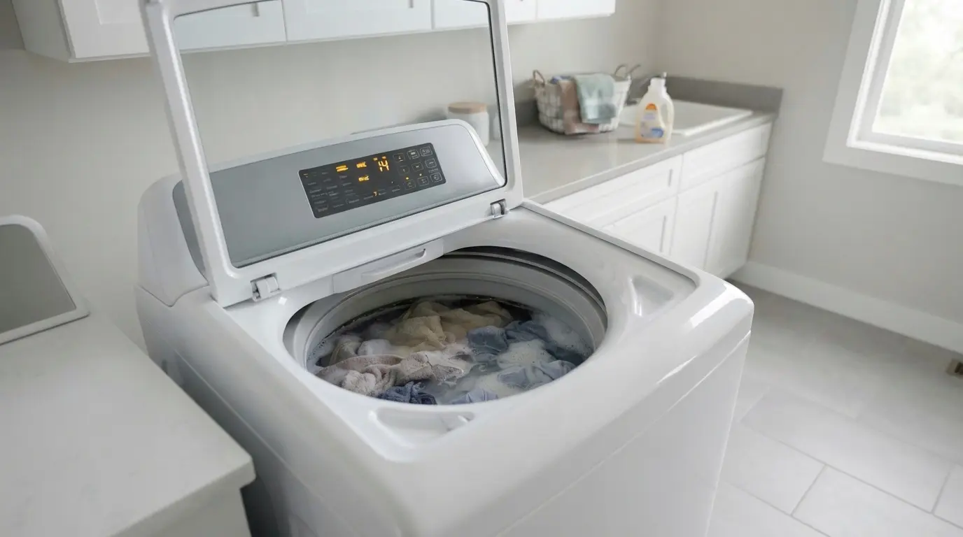 GE top-load washing machine stopped mid-cycle with wet clothes inside and frozen display panel
