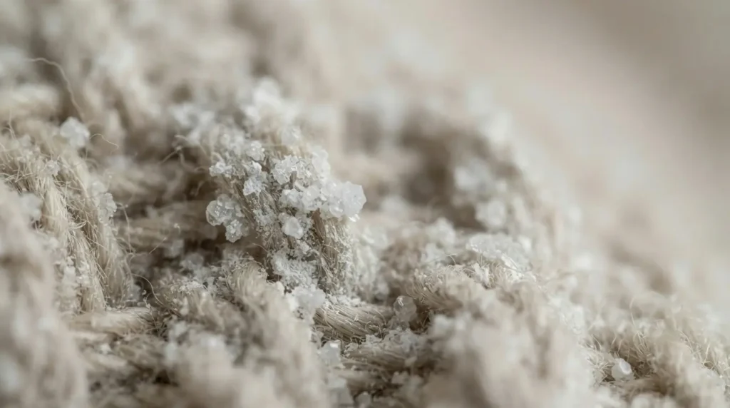Hard water mineral residue left on fabric causing sticky laundry texture. Whirlpool Washer Clothes Sticky Fix guide