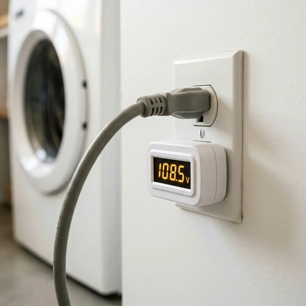 Outlet voltage monitor plugged into wall socket showing low voltage reading affecting washing machine performance
