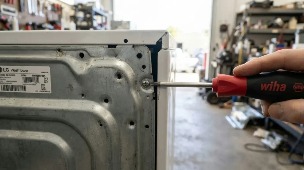 Removing rear panel screws from LG washing machine for Hall Sensor access