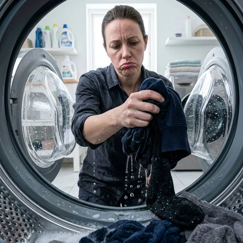 Soaking wet laundry being removed from LG washing machine after incomplete spin cycle