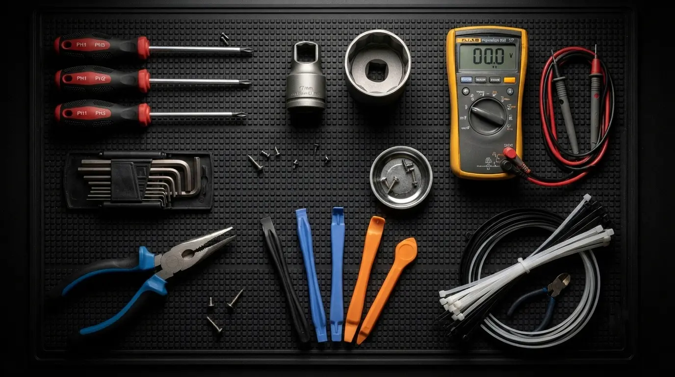 Professional DIY tool kit laid out for LG washing machine repair
