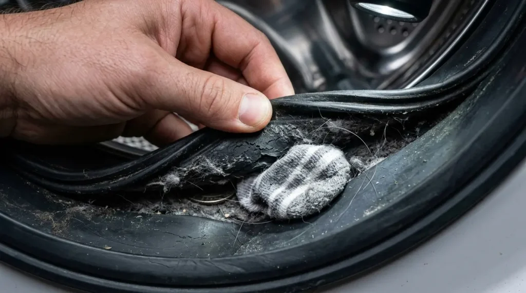 Inspecting LG front-load washer door gasket folds for debris causing leaks