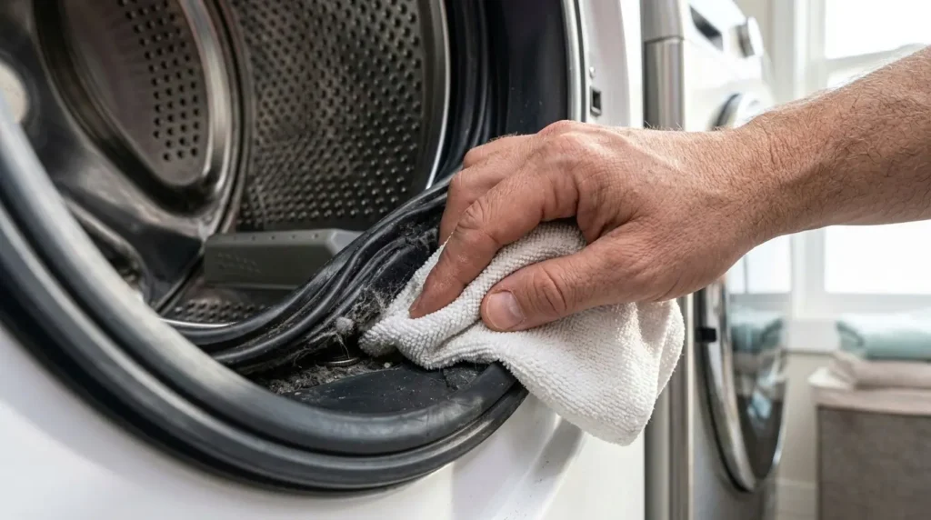 Wiping LG front-load washing machine door gasket folds to prevent mold 