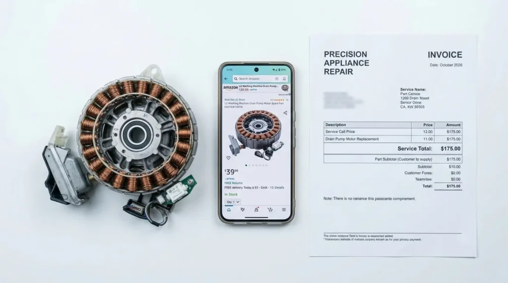 LG drain pump motor retail price comparison between Amazon and service invoice
