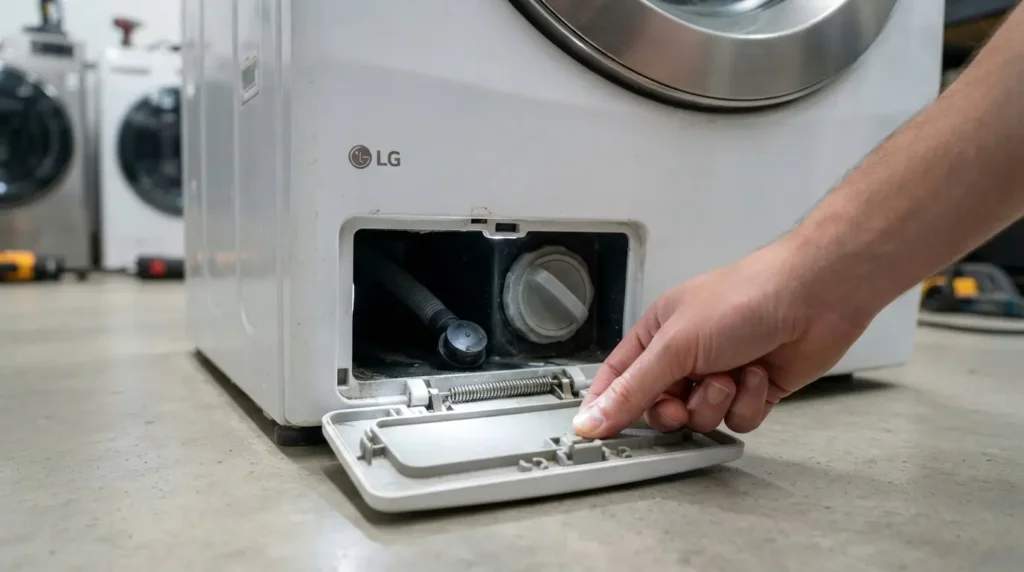 Removing LG washing machine drain pump motor during DIY replacement procedure