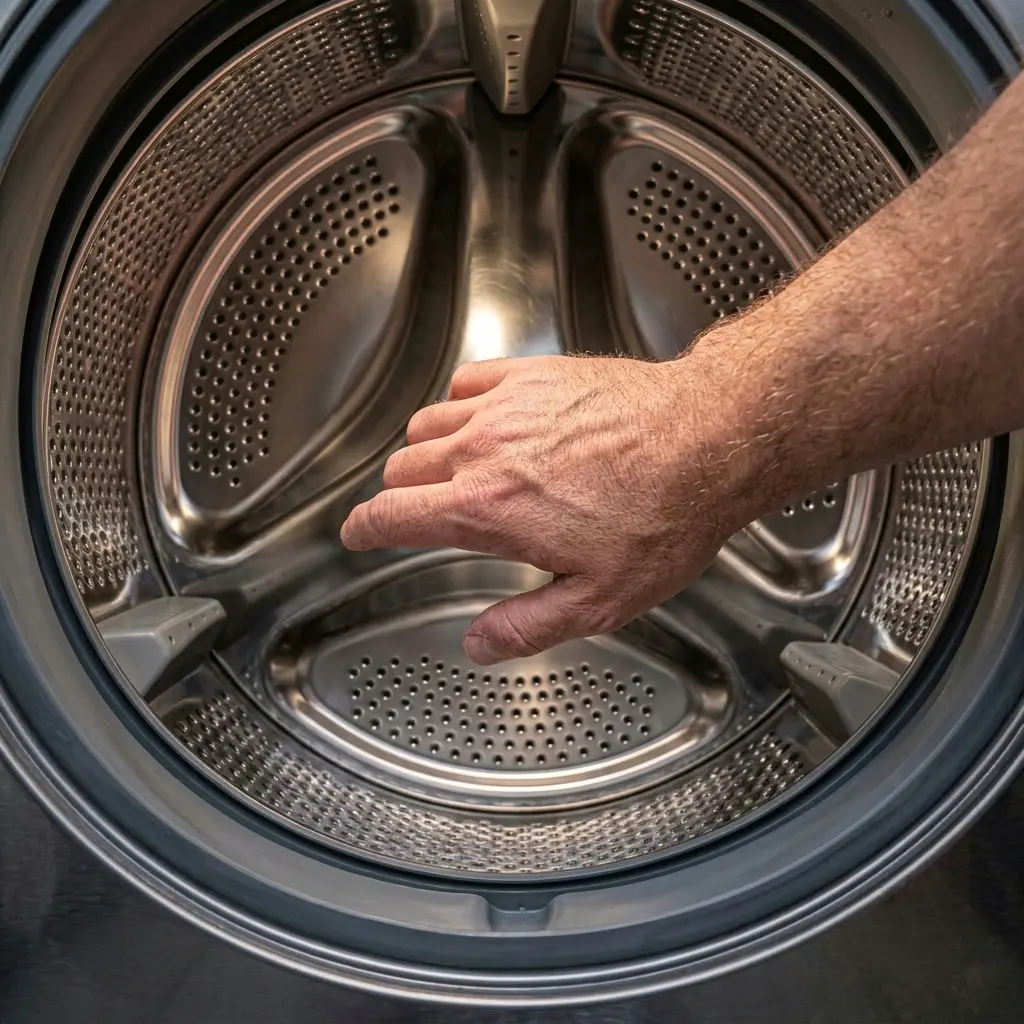 Testing LG washing machine drum rotation by hand to diagnose movement fault