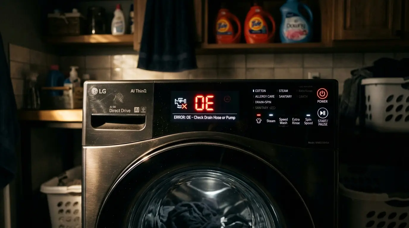 LG washing machine control panel displaying OE error code in 2026 model