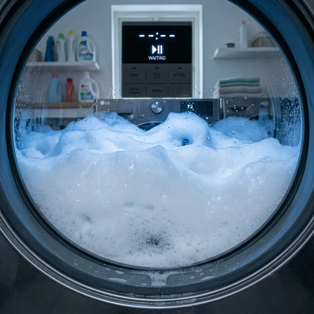 Excess foam visible inside LG washing machine drum delaying wash cycle start