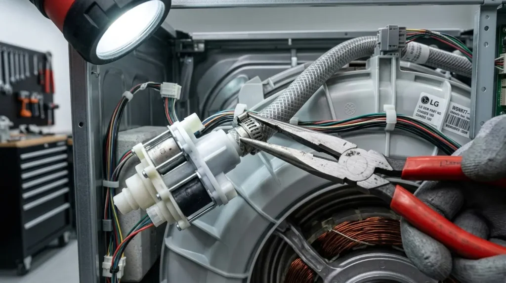 Removing spring hose clamp from LG washing machine water inlet valve during replacement