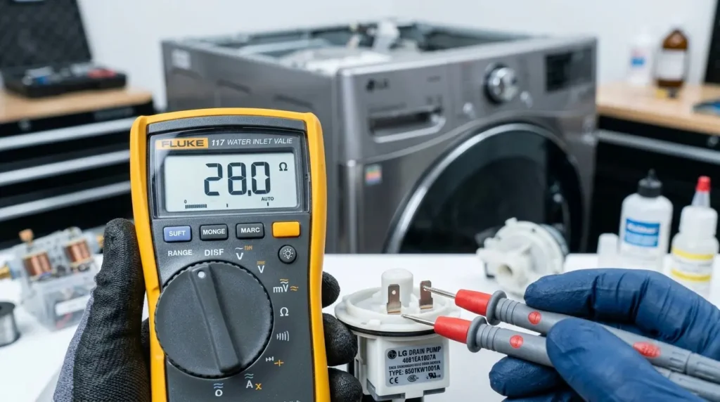 Technician testing LG drain pump resistance with digital multimeter. lg washing machine repair error code guide