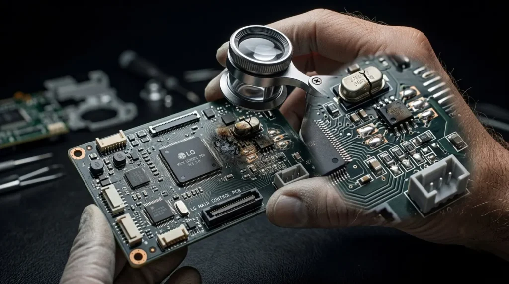 Technician inspecting LG washing machine main PCB control board for burn damage