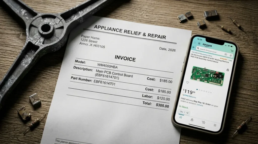 Appliance repair service invoice showing inflated parts pricing for LG washer repair. lg washing machine repair secrets