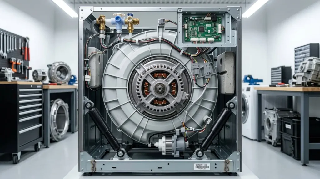 LG front-load washing machine with front panel removed showing shock absorber location