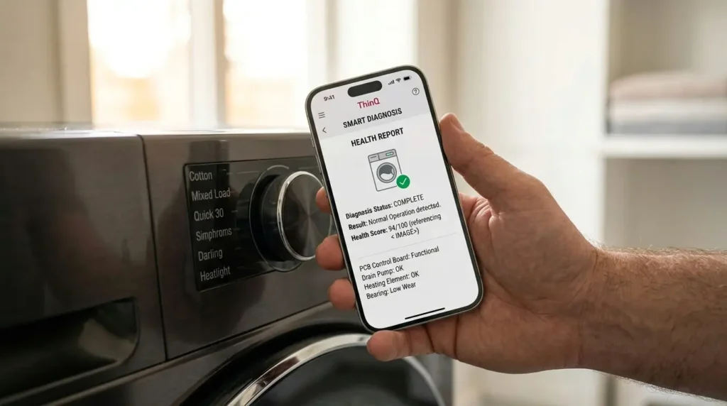 Using LG ThinQ app Smart Diagnosis on smartphone held near washing machine panel
