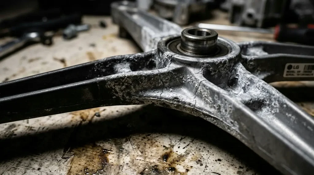 Corroded LG washing machine spider arm showing detergent damage after years of use