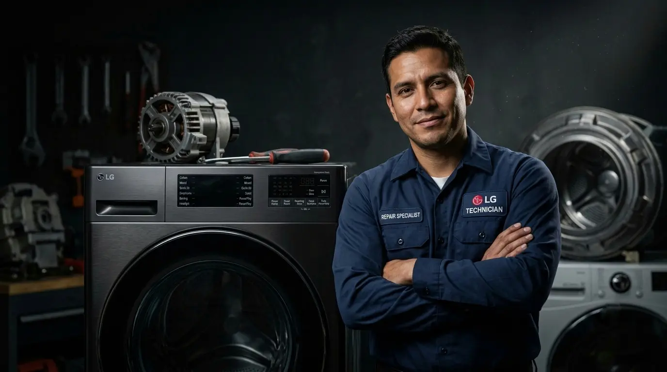 Professional appliance technician with insider knowledge beside LG washing machine