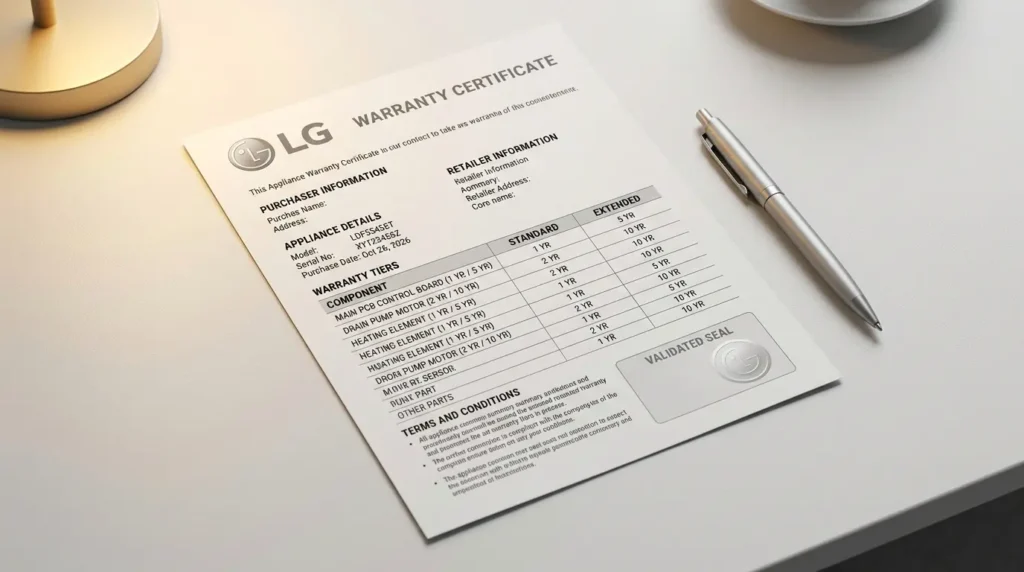 LG washing machine warranty document showing tiered coverage periods