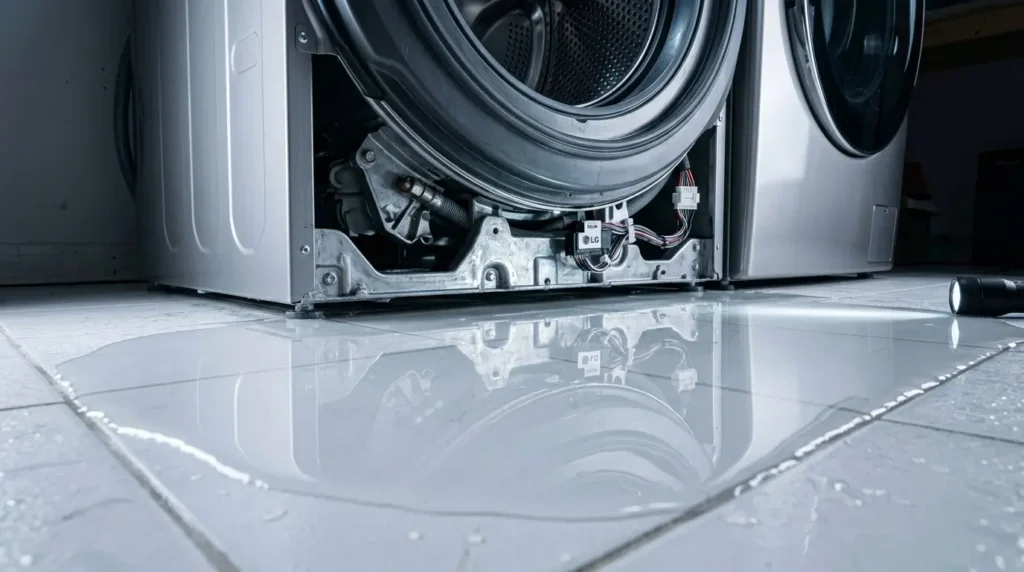 Water leak detected beneath LG washing machine on laundry room floor