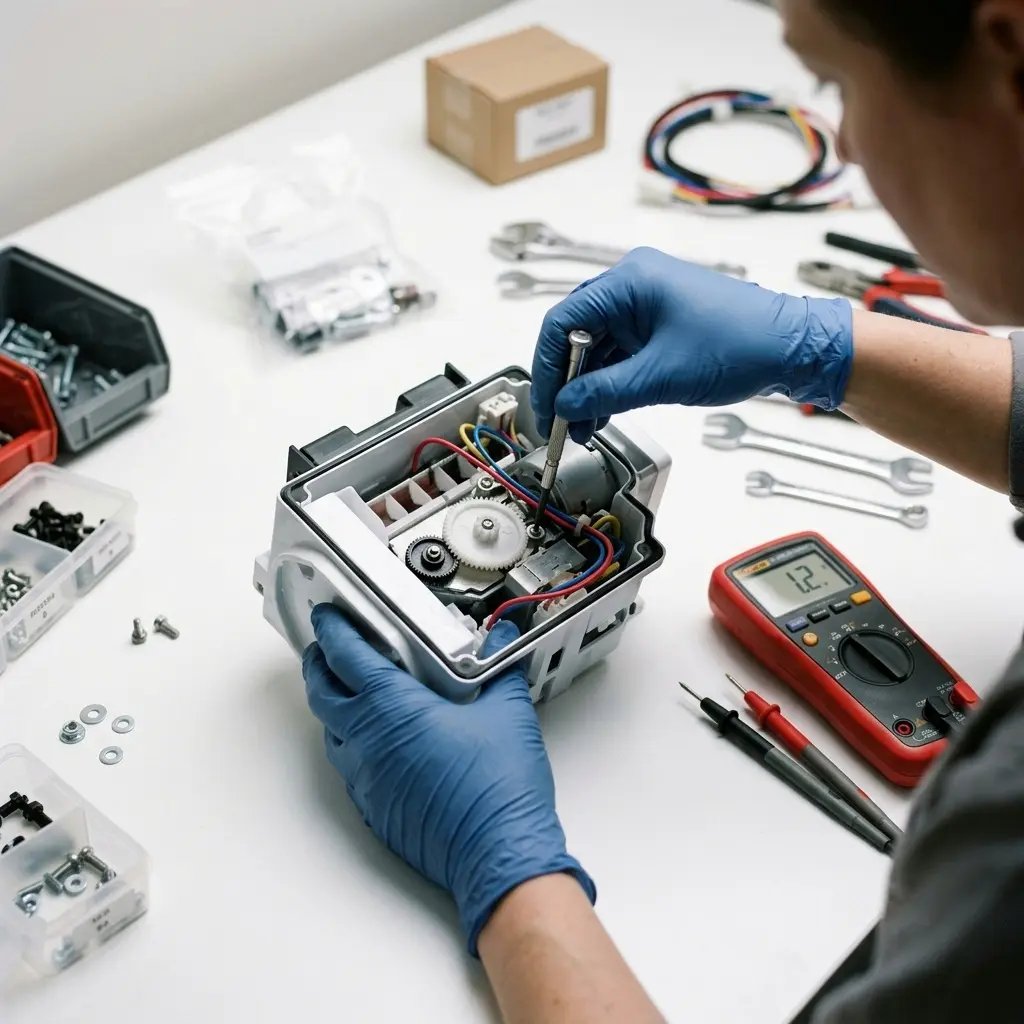 Technician inspecting refrigerator ice maker assembly for wear and failure points during reliability assessment