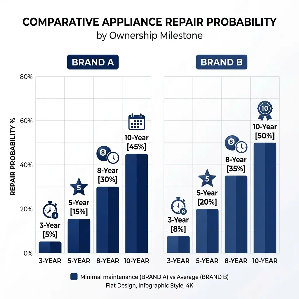 Data visualization showing refrigerator repair probability comparison between two brands over 10 years