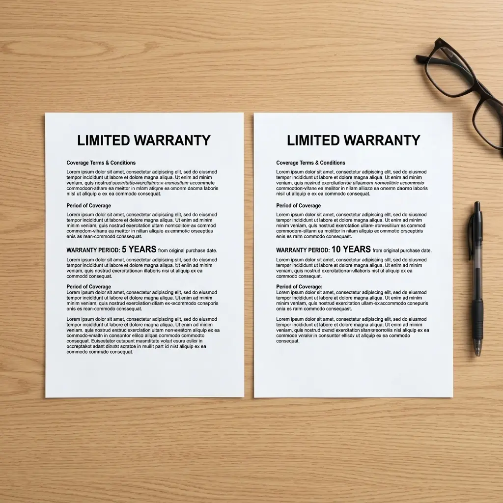 Two appliance warranty documents side by side on a desk showing different coverage periods for refrigerator compressors