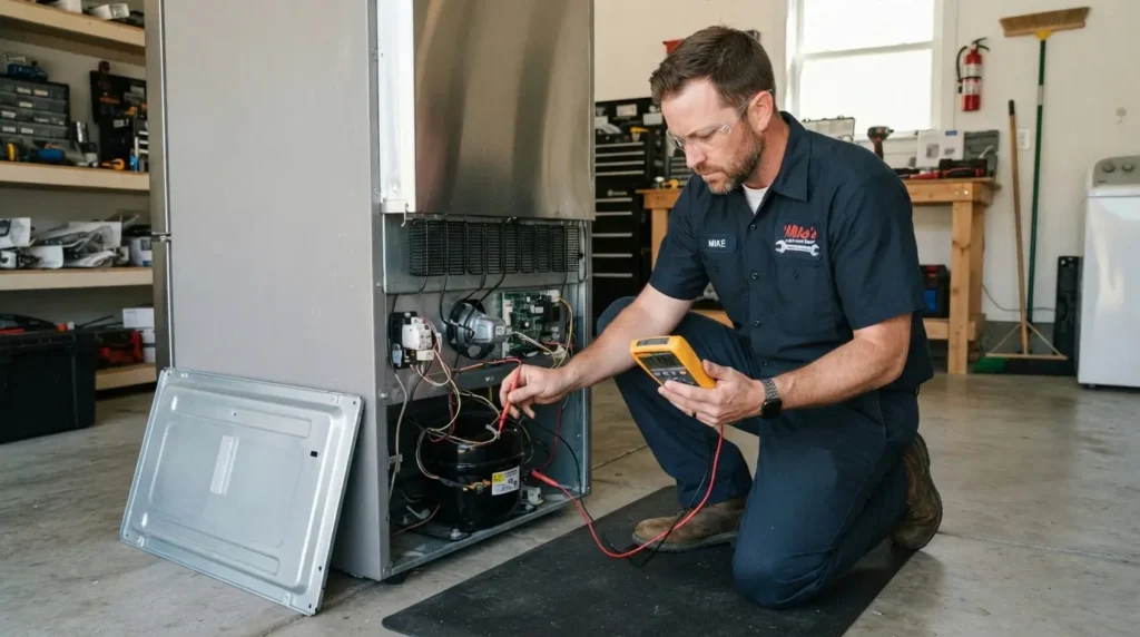 Certified technician inspecting Samsung refrigerator compressor