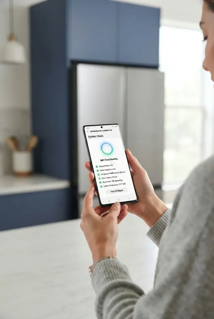Samsung SmartThings app showing refrigerator self-diagnosis screen