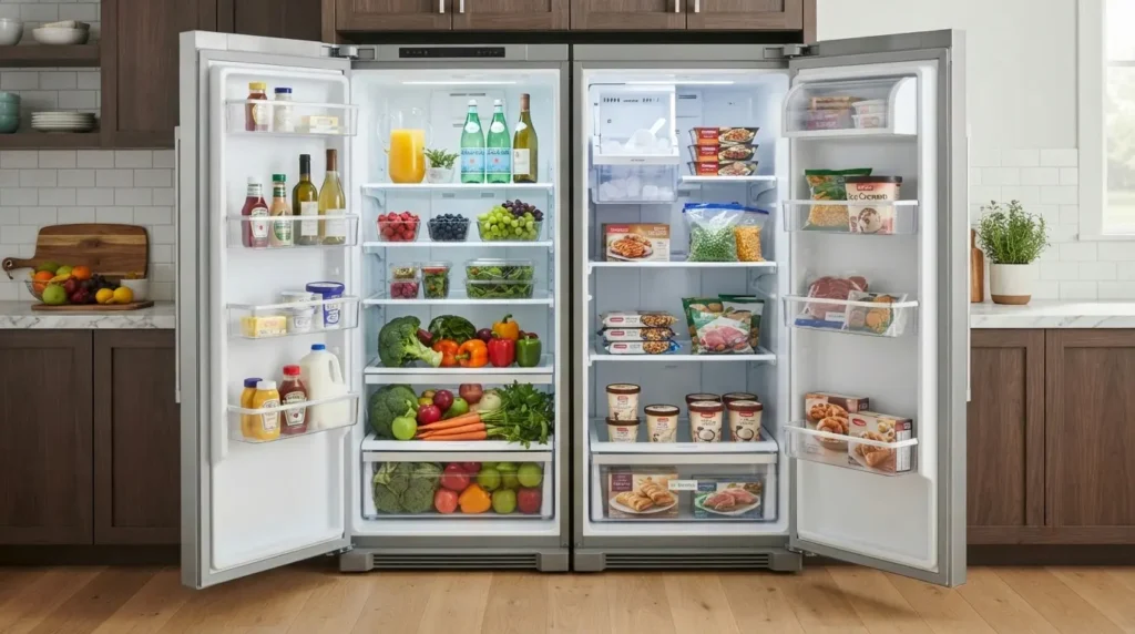 Both doors of a side-by-side refrigerator opened showing organized fresh produce on left and frozen foods on right