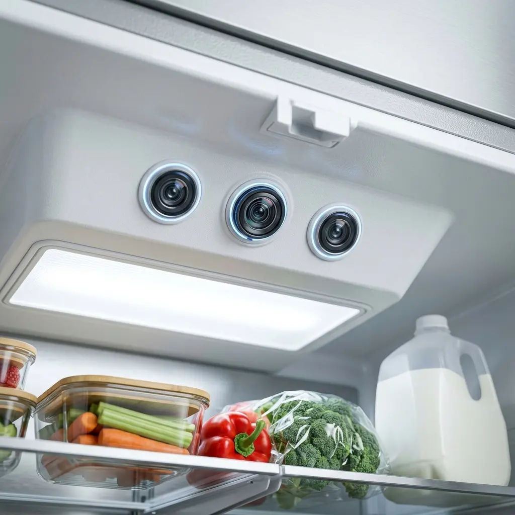 Interior view of smart refrigerator showing three wide-angle cameras mounted at the top of the compartment scanning food items. GE Profile Kitchen Assistant refrigerator review guide