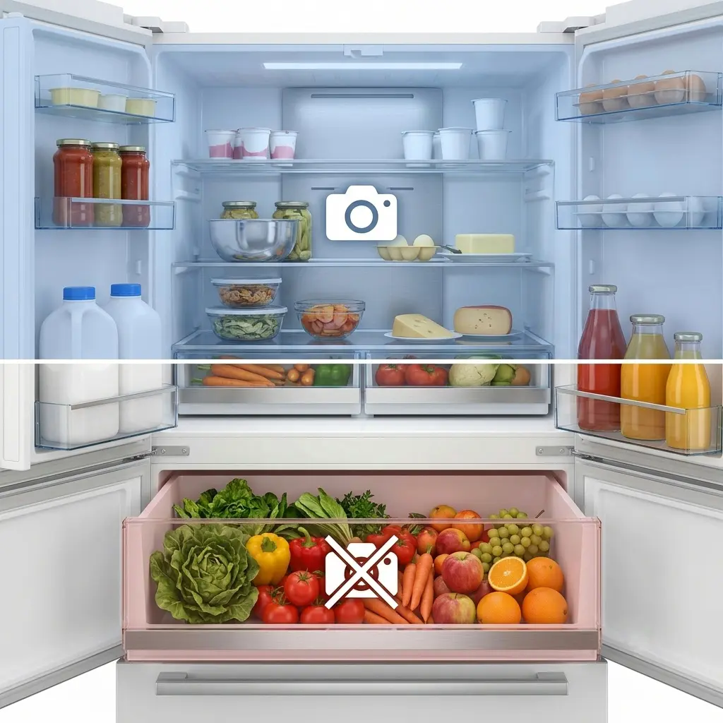 Refrigerator crisper drawer filled with fresh produce shown outside camera coverage area illustrating AI blind spot