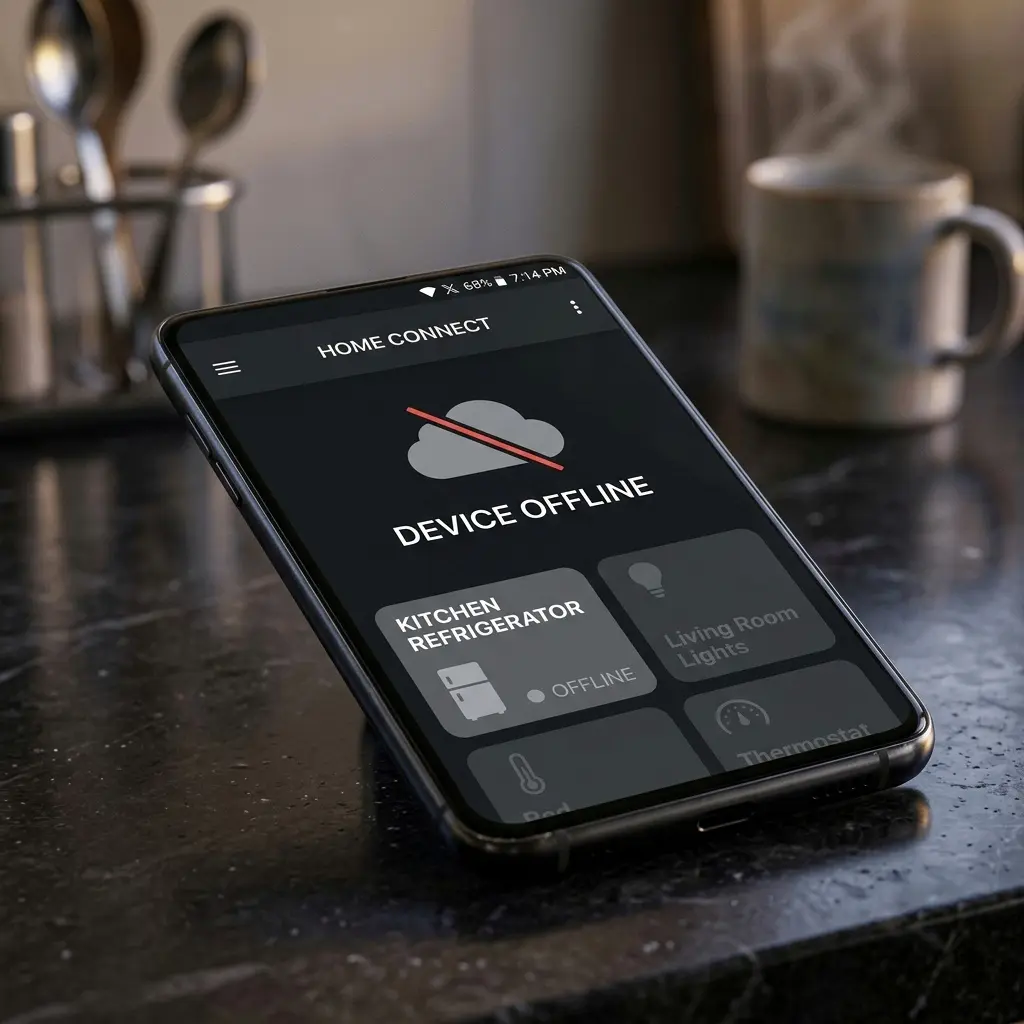Smartphone showing offline status message for smart refrigerator app during internet outage with no cloud connection