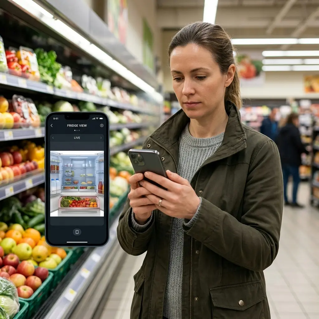 Person checking refrigerator contents remotely on smartphone app showing live interior camera view while grocery shopping