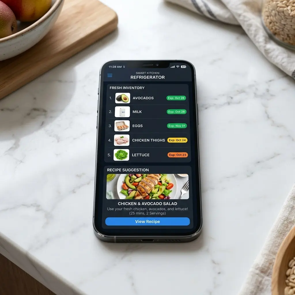 Smartphone showing smart home refrigerator app with food inventory list expiration alerts and recipe suggestions