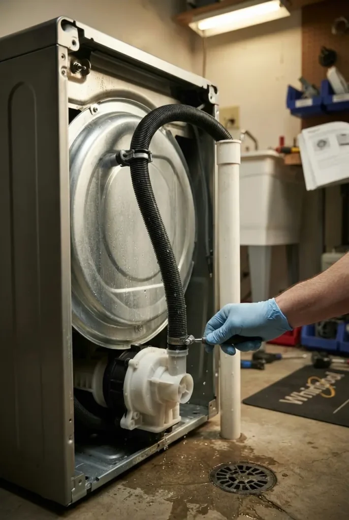 Drain hose and pump assembly being checked for siphoning issue in washing machine