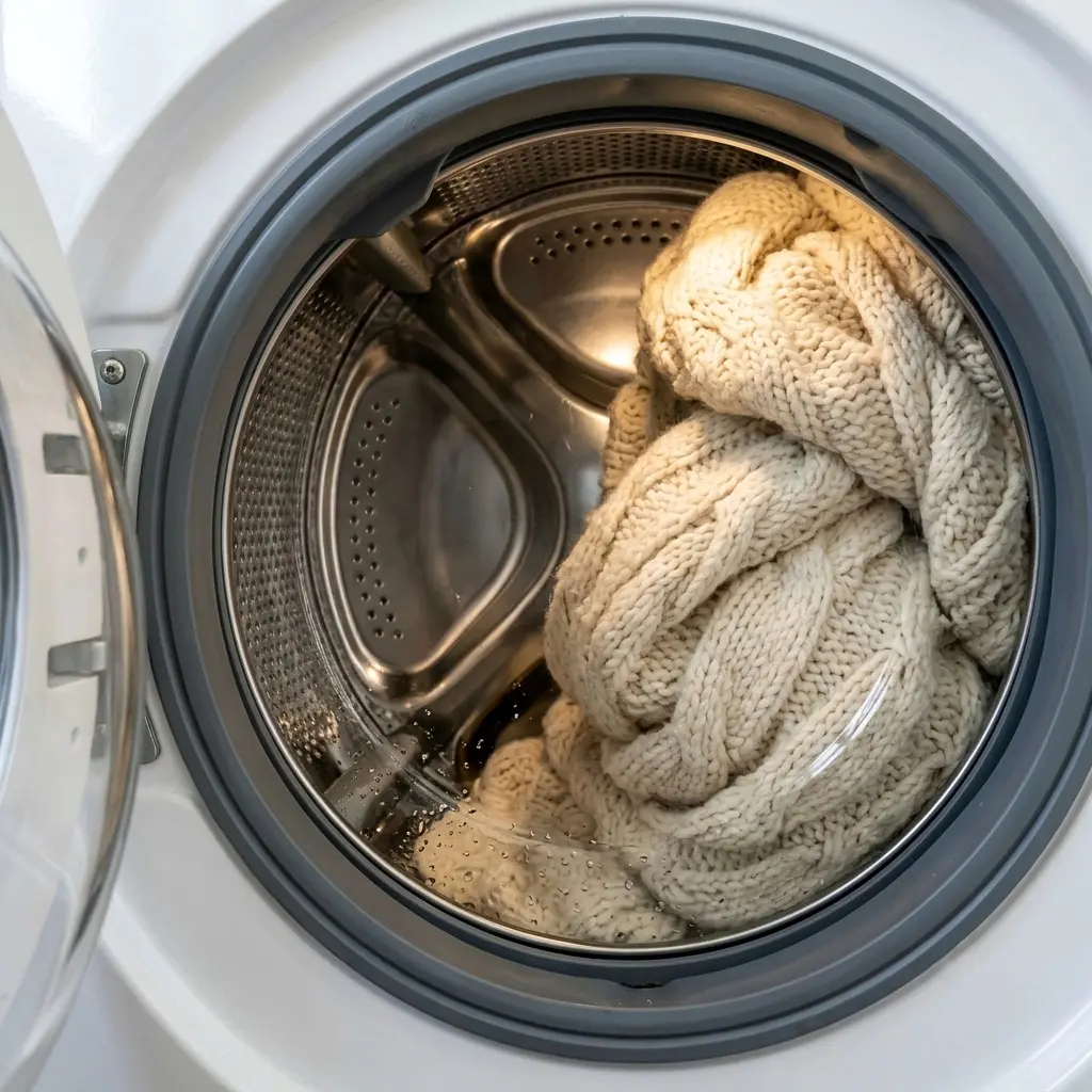 Washing machine drum viewed through glass door showing unevenly distributed bulky load causing imbalance during spin