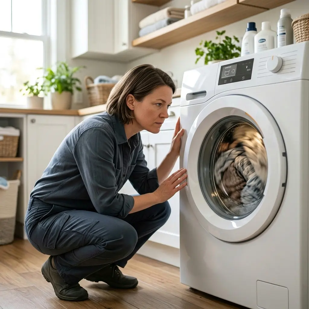  Person observing and listening to washing machine during cycle to identify mid-cycle stop pattern. GE Washer Stops Mid-Cycle fix guide