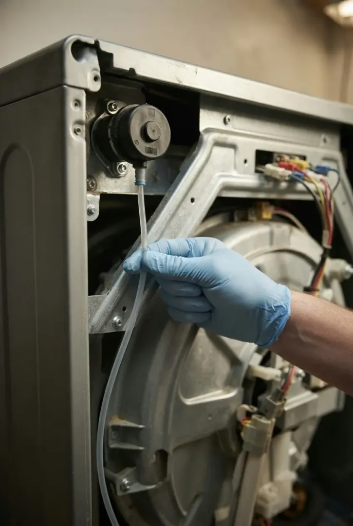 Technician inspecting washing machine pressure switch and air hose for kinks