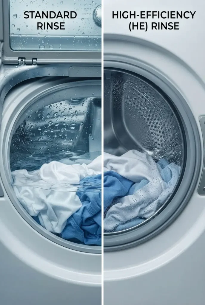 Comparison of washing machine tub with full rinse water versus low visible water level. Whirlpool Washer Skips Rinse fix guide