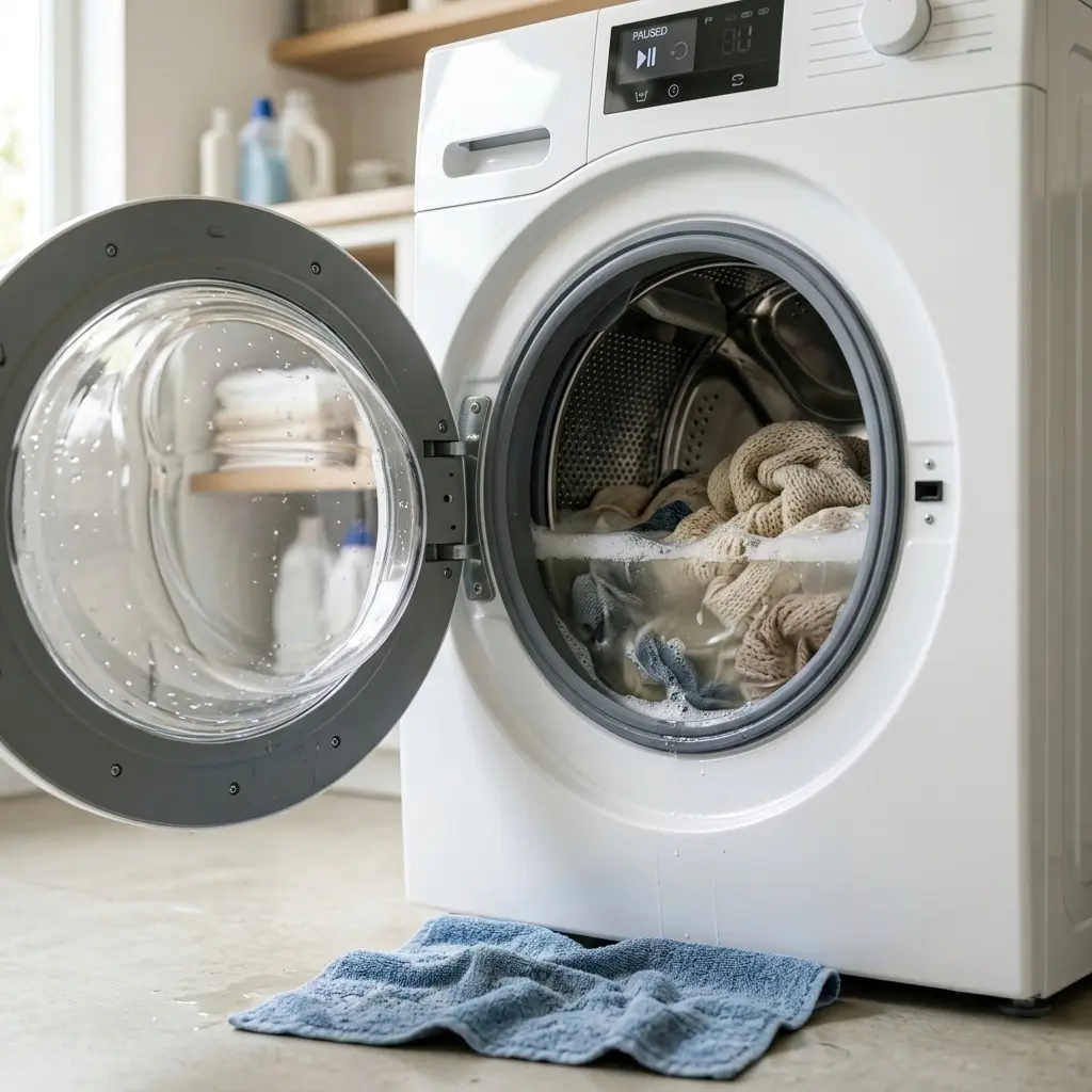 Washing machine drum full of standing water after mid-cycle stop caused by drain pump blockage