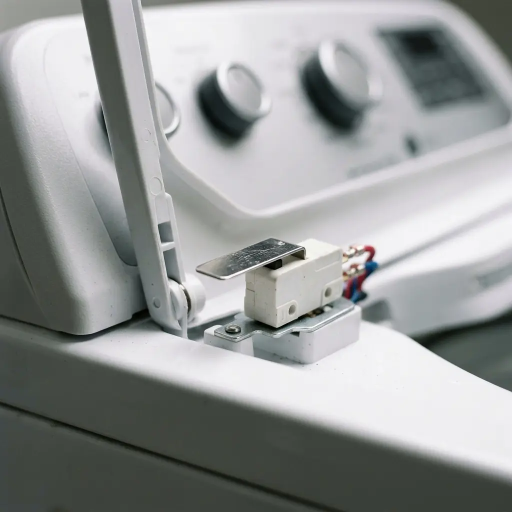 Close-up of top-load washing machine lid hinge area showing micro-switch used for lid detection during cycle