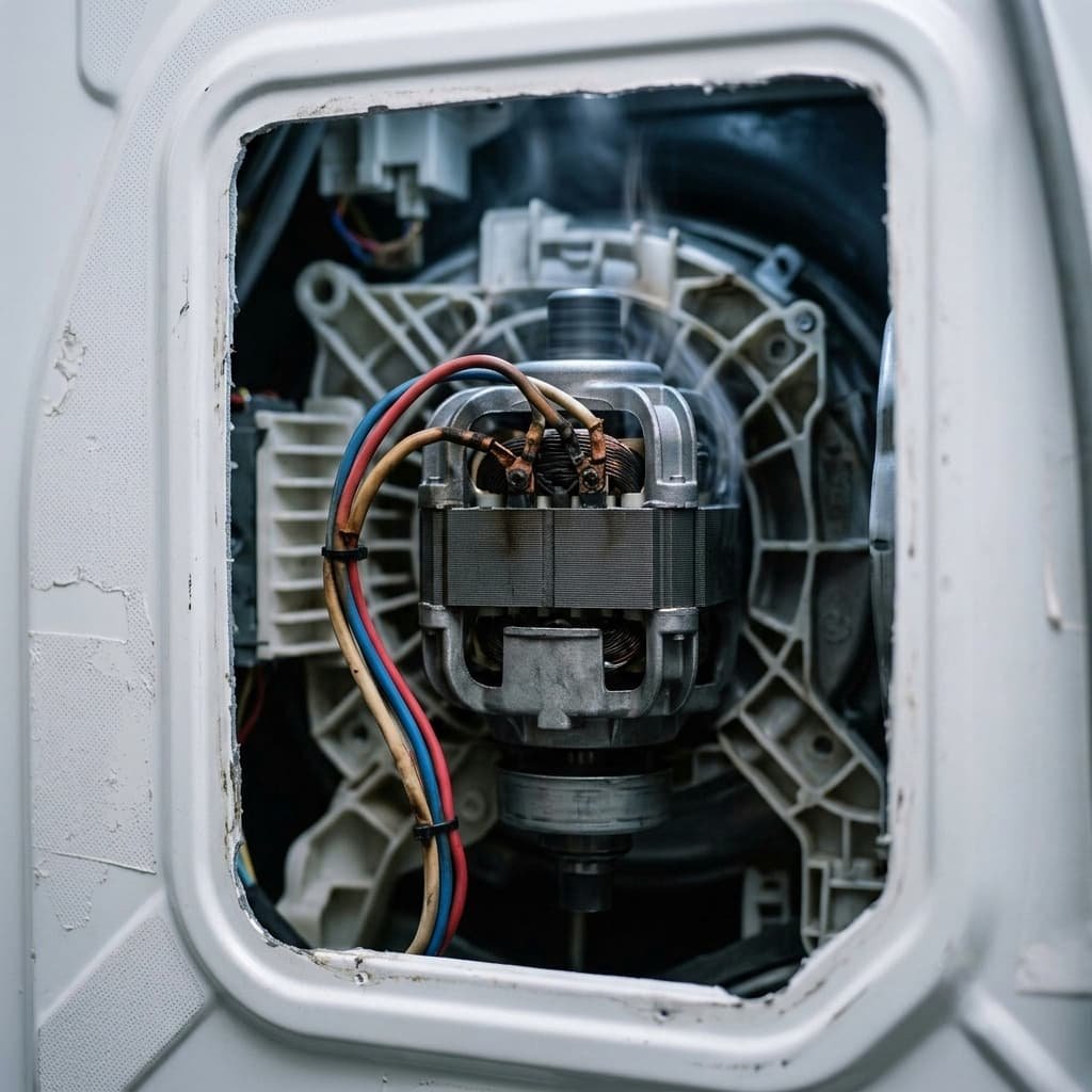 Close-up of washing machine drive motor showing heat buildup indicating thermal overload condition
