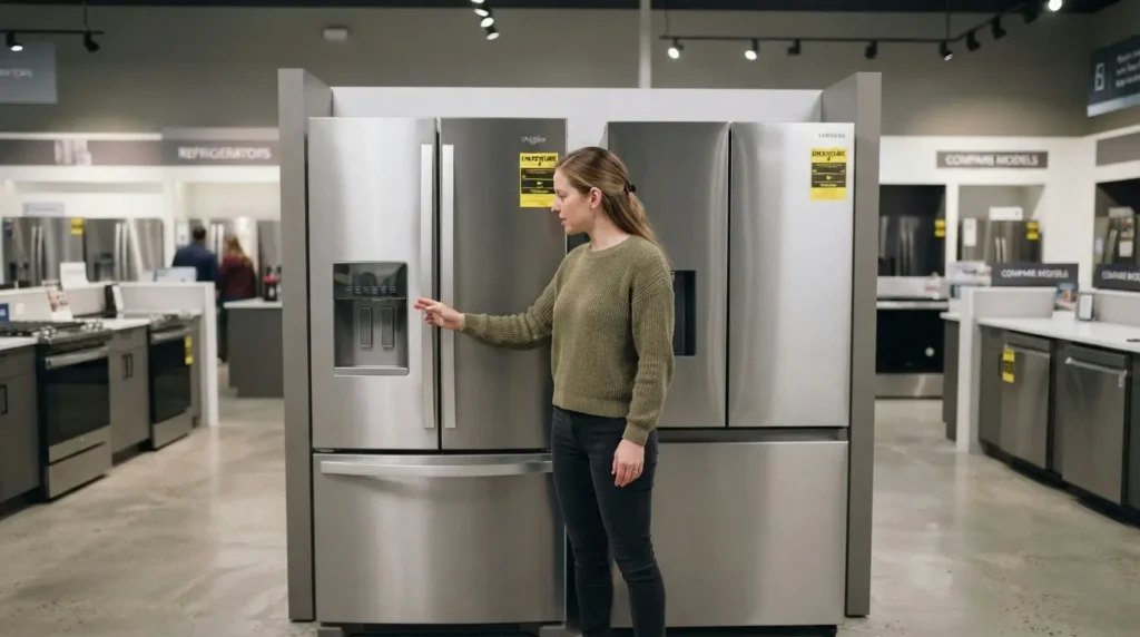 Person comparing two Whirlpool refrigerator models side by side in showroom